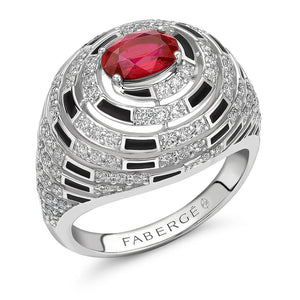 Fabergé x Beetlejuice Beetlejuice White Gold Ruby, Diamond and Black Enamel Spiral Bombe Ring