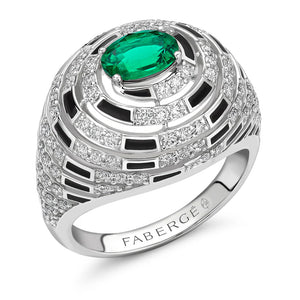 Fabergé x Beetlejuice Beetlejuice White Gold Emerald, Diamond and Black Enamel Spiral Bombe Ring