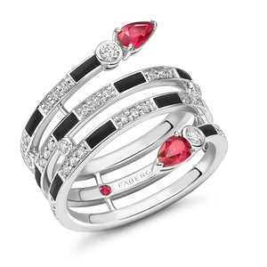 Fabergé x Beetlejuice Beetlejuice White Gold, Ruby & Black Enamel Spiral Wrap Ring