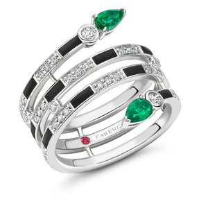 Fabergé x Beetlejuice Beetlejuice White Gold, Emerald & Black Enamel Spiral Wrap Ring