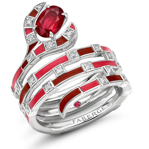 Fabergé x Beetlejuice Beetlejuice White Gold, Ruby & Red Enamel Sandworm Spiral Wrap Ring