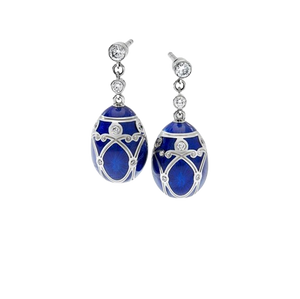 Palais White Gold Diamond & Royal Blue Guilloché Enamel Egg Drop Earrings