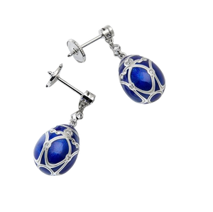 Palais White Gold Diamond & Royal Blue Guilloché Enamel Egg Drop Earrings