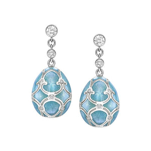 White Gold Diamond & Teal Guilloché Enamel Egg Drop Earrings