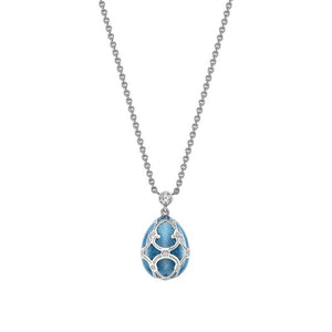 White Gold Diamond & Teal Guilloché Enamel Petite Egg Pendant