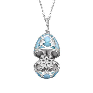 White Gold Diamond & Teal Guilloché Enamel Snowflake Locket Surprise