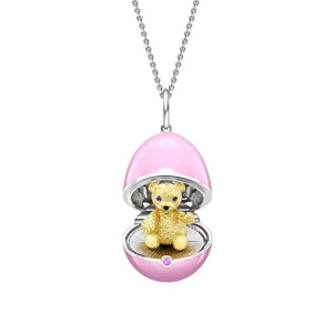 White Gold, Yellow Gold & Sapphire Teddy Surprise Locket with Pink Lacquer