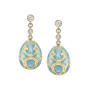 Yellow Gold Diamond & Turquoise Guilloché Enamel Egg Drop Earrings