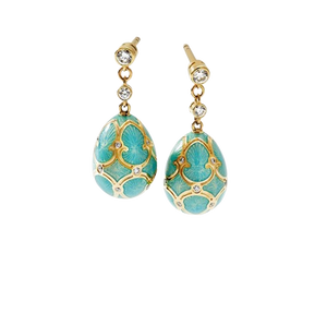 Yellow Gold Diamond & Turquoise Guilloché Enamel Egg Drop Earrings