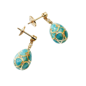 Yellow Gold Diamond & Turquoise Guilloché Enamel Egg Drop Earrings