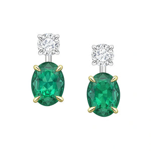 Yellow and White Gold Oval Emerald and Round Brilliant Cut Diamond Earrings